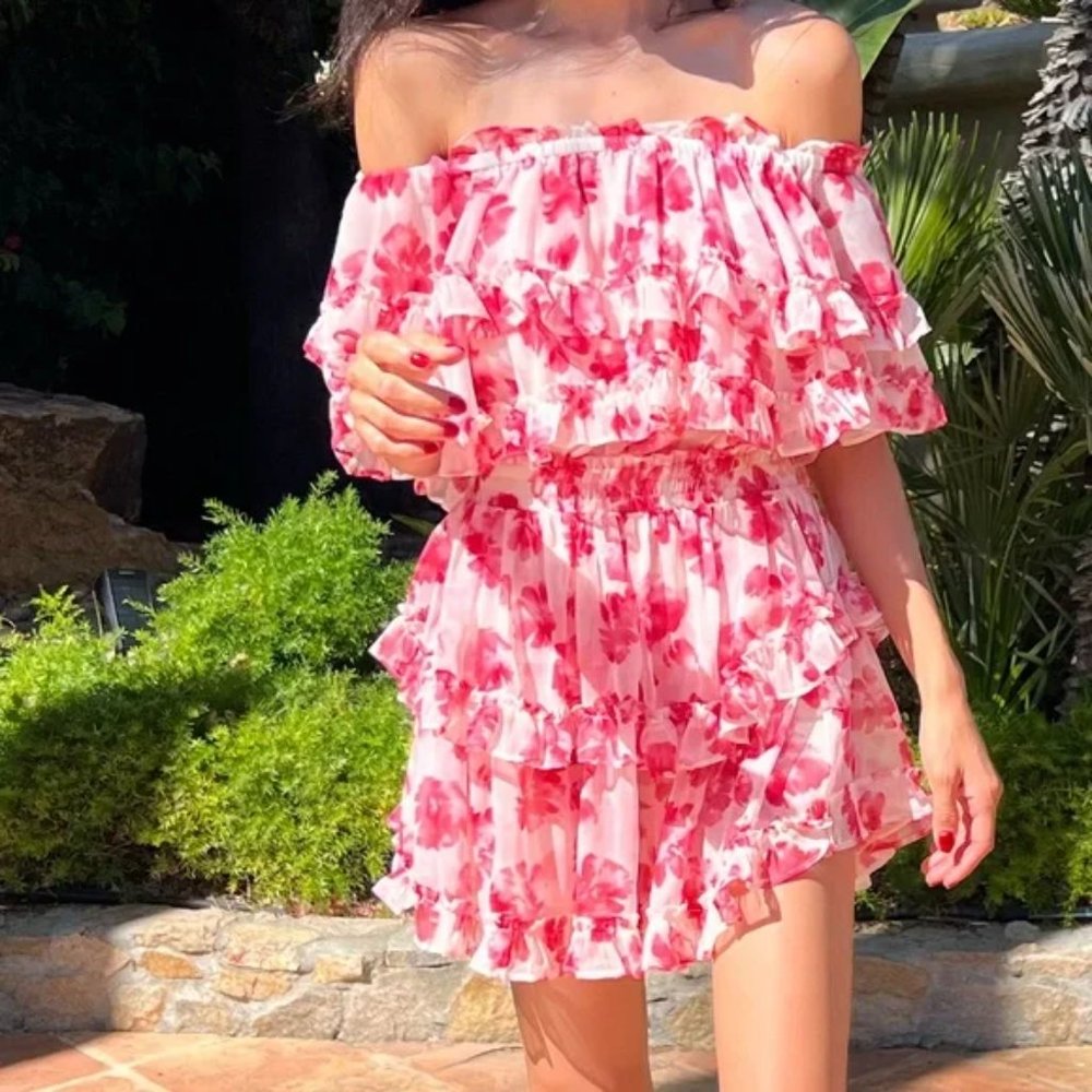 MISA LOS ANGELES Isella Floral Off the Shoulder Ruffle Minidress. M